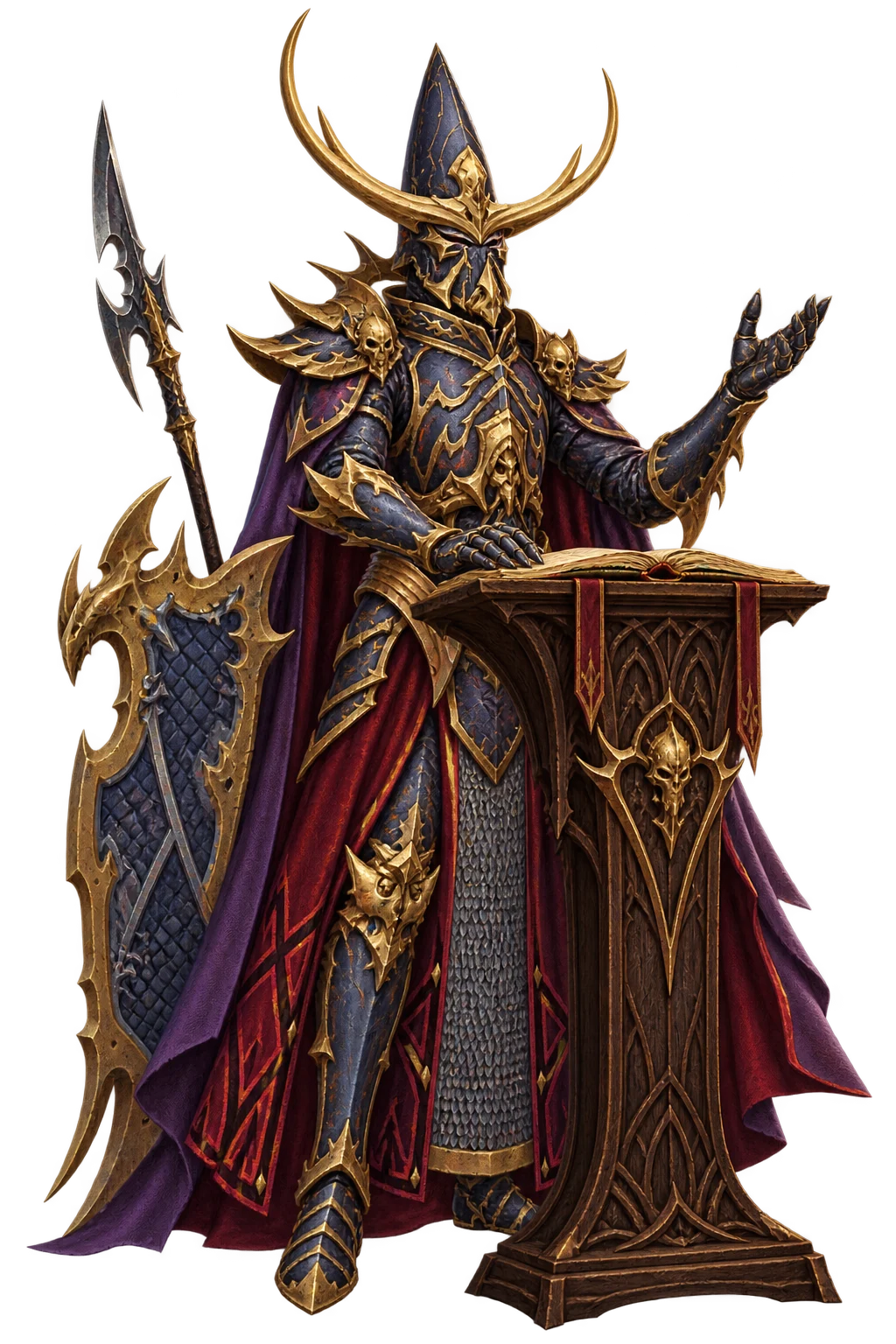 A Black Guard in gold-trimmed armour giving a talk at a wooden lectern.